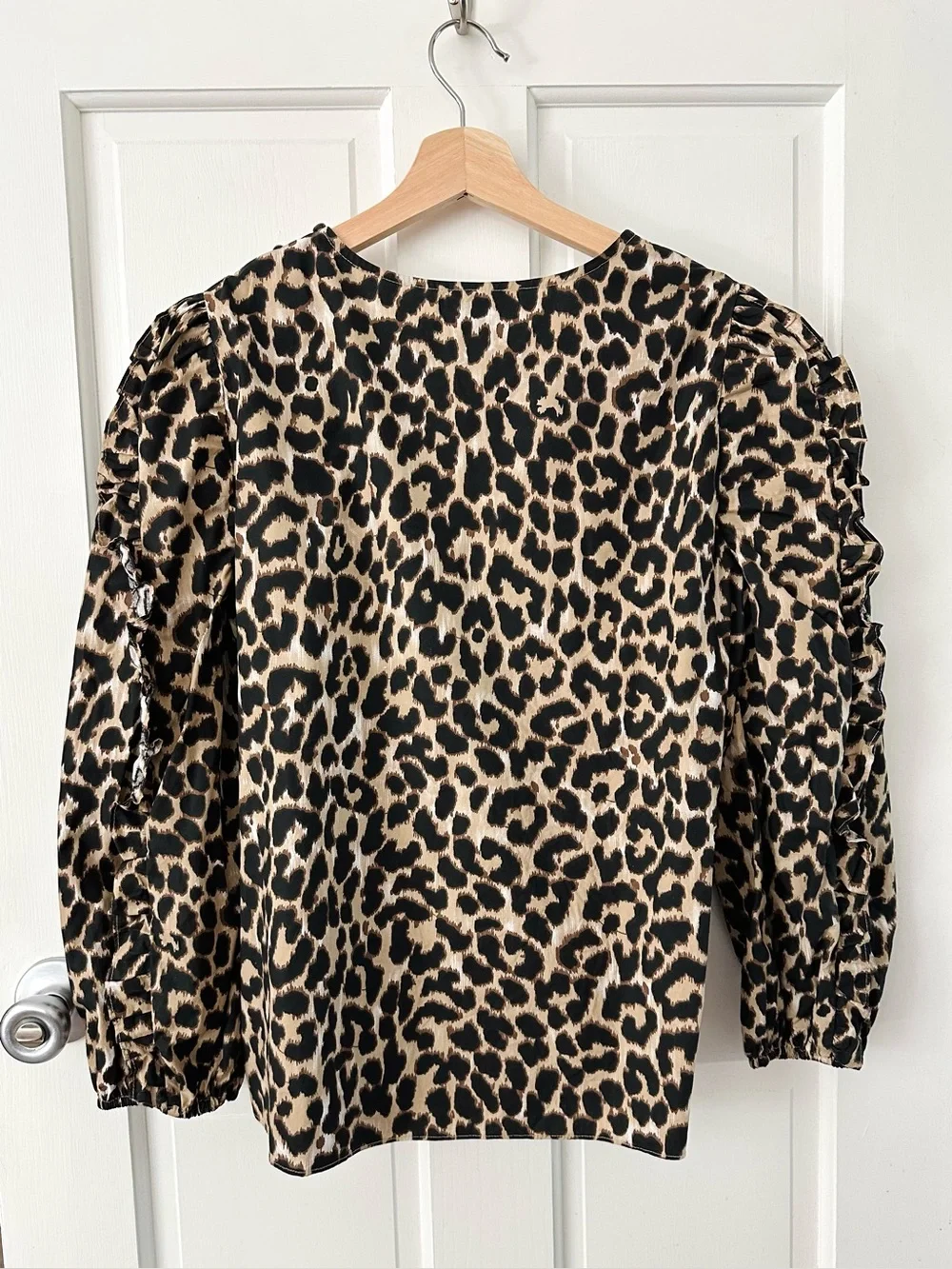 J. CREW Ruffle-Sleeve Top in Leopard Animal Print Brown Puff Sleeve Size S